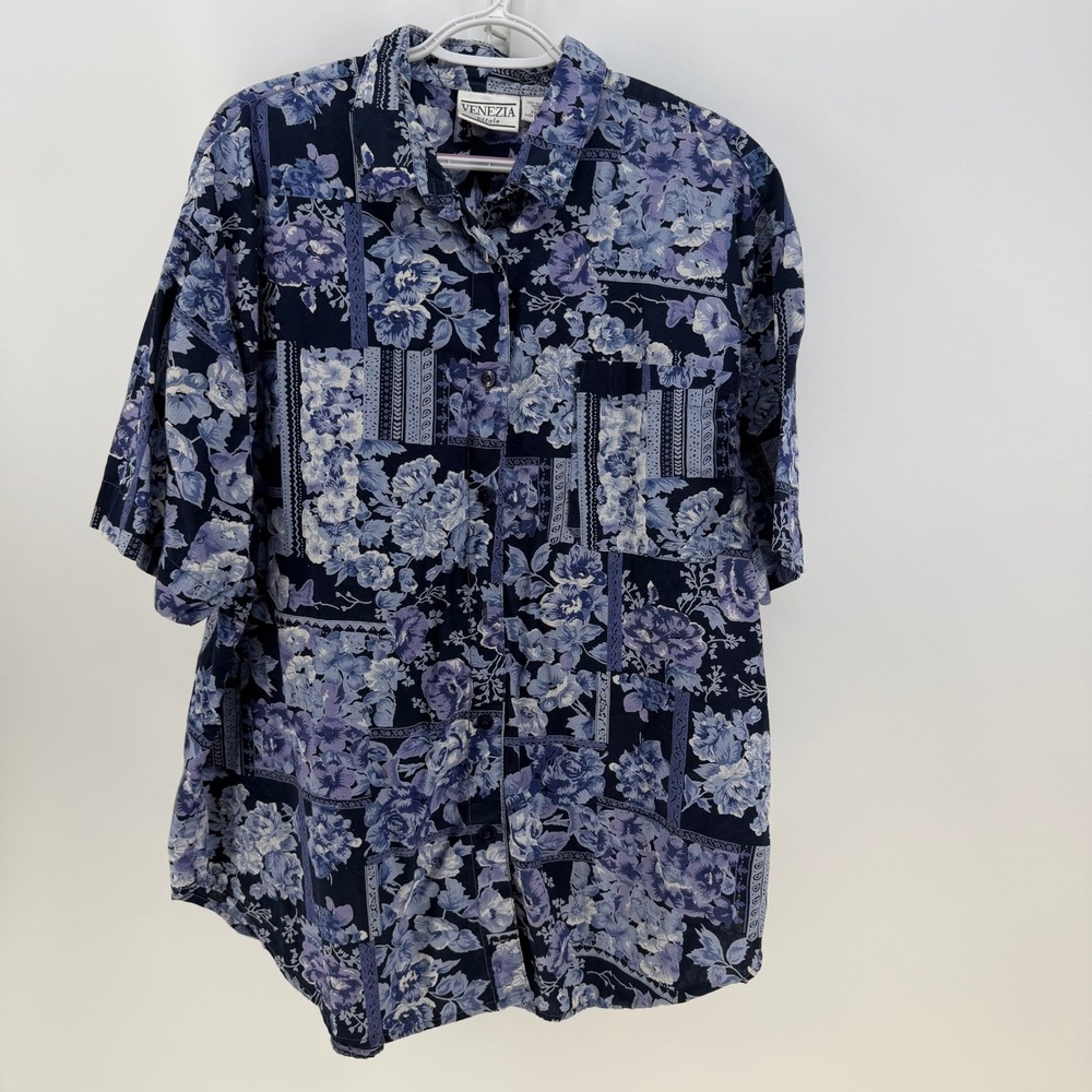 Venezia Button Down Shirt Women 22/24 Blue Floral Patchwork‎ Cottagecore Resort